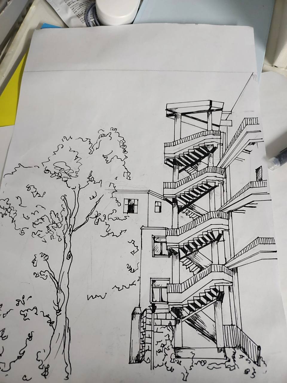 校园风景画 尝试画风景画的第1天.