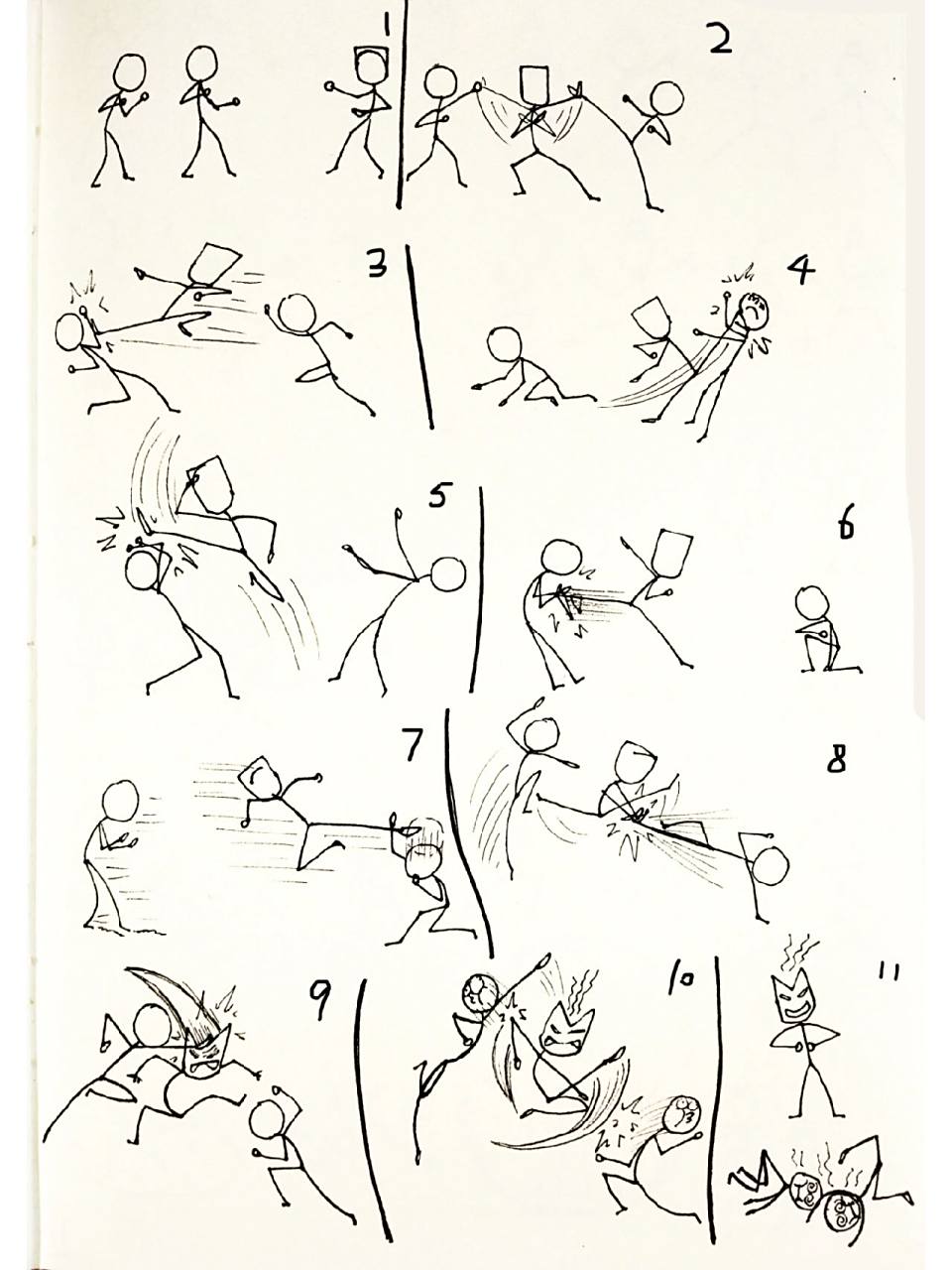 火柴人,对打,功夫,武术,创意儿童画        	 这次画个一对二,通过