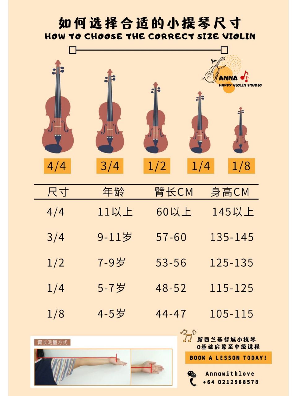 一张图教你:如何选择合适的小提琴尺寸?