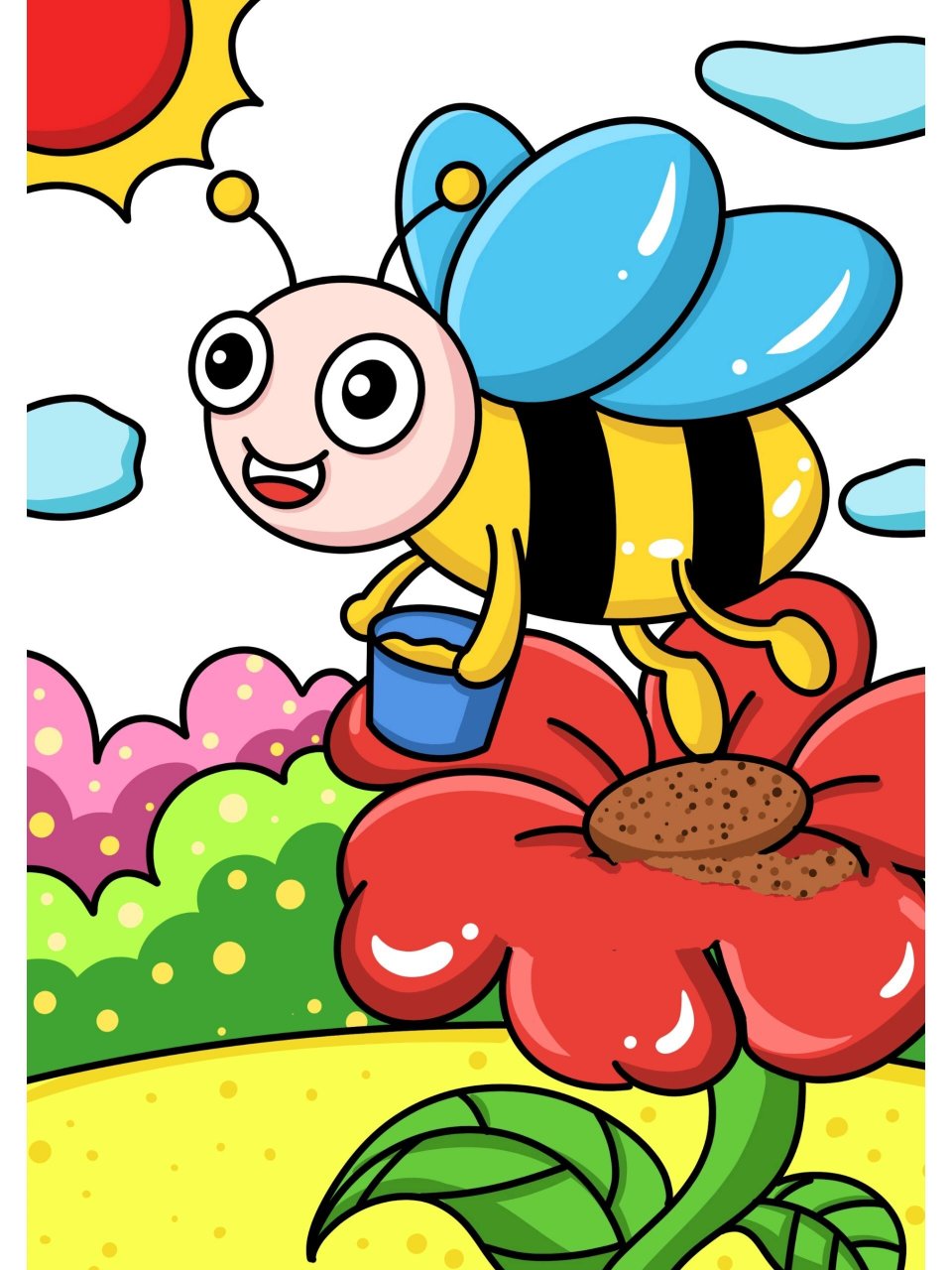 儿童画(附线稿) 主题:采花蜜的小蜜蜂 年龄:5—7岁