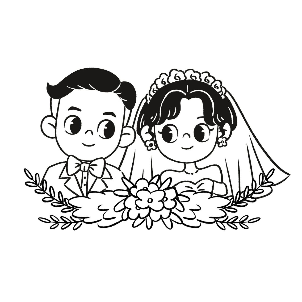 可爱的新郎新娘|简笔画|插画 突然感觉不上色也挺可爱的