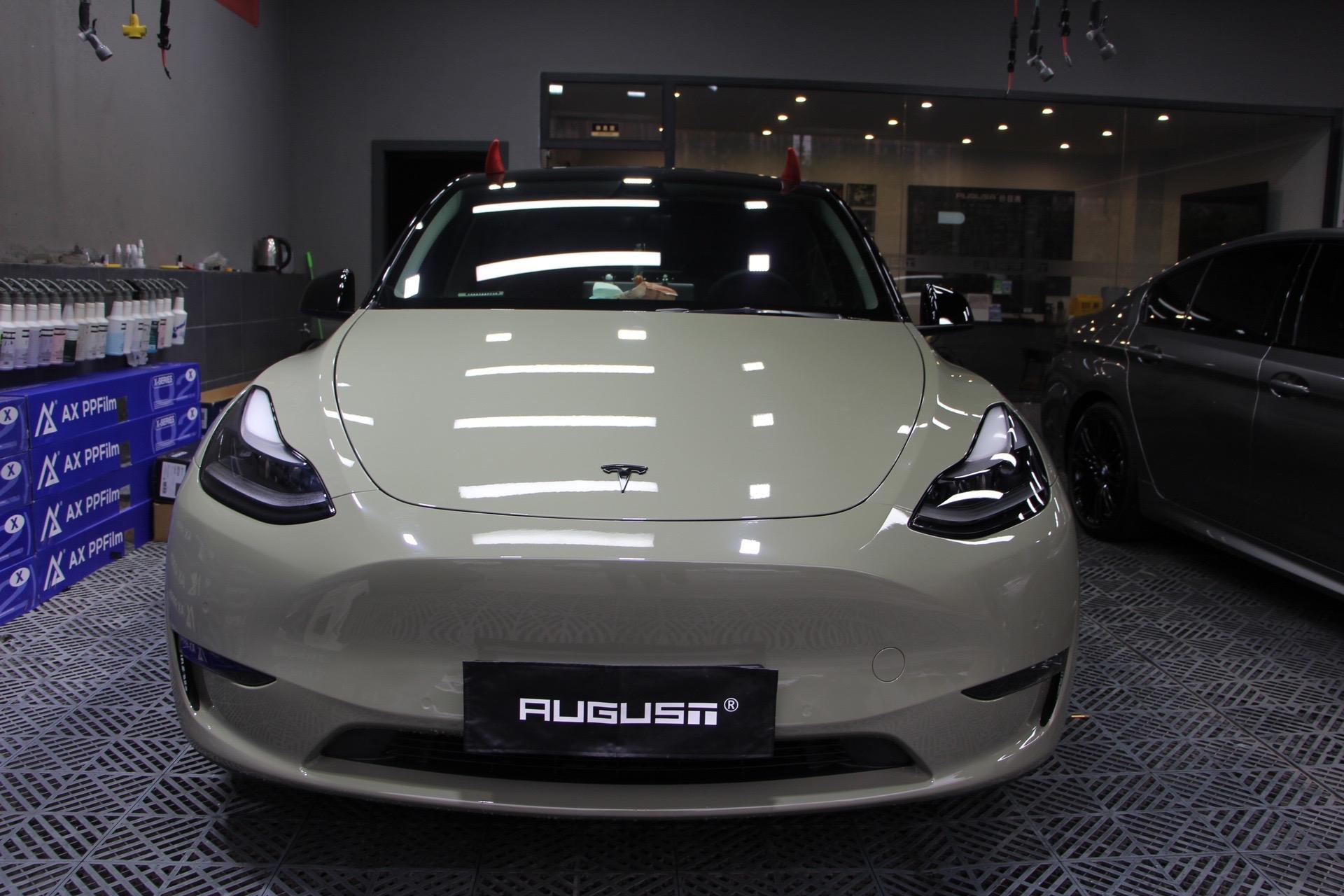 特斯拉modely改色卡其绿.越看越好看的莫兰迪色系