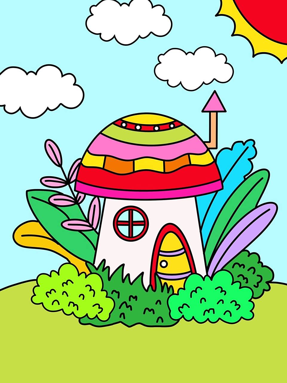 蘑菇房子 蘑菇屋 创意画 儿童画 简笔画 带线稿#创意美术儿童画