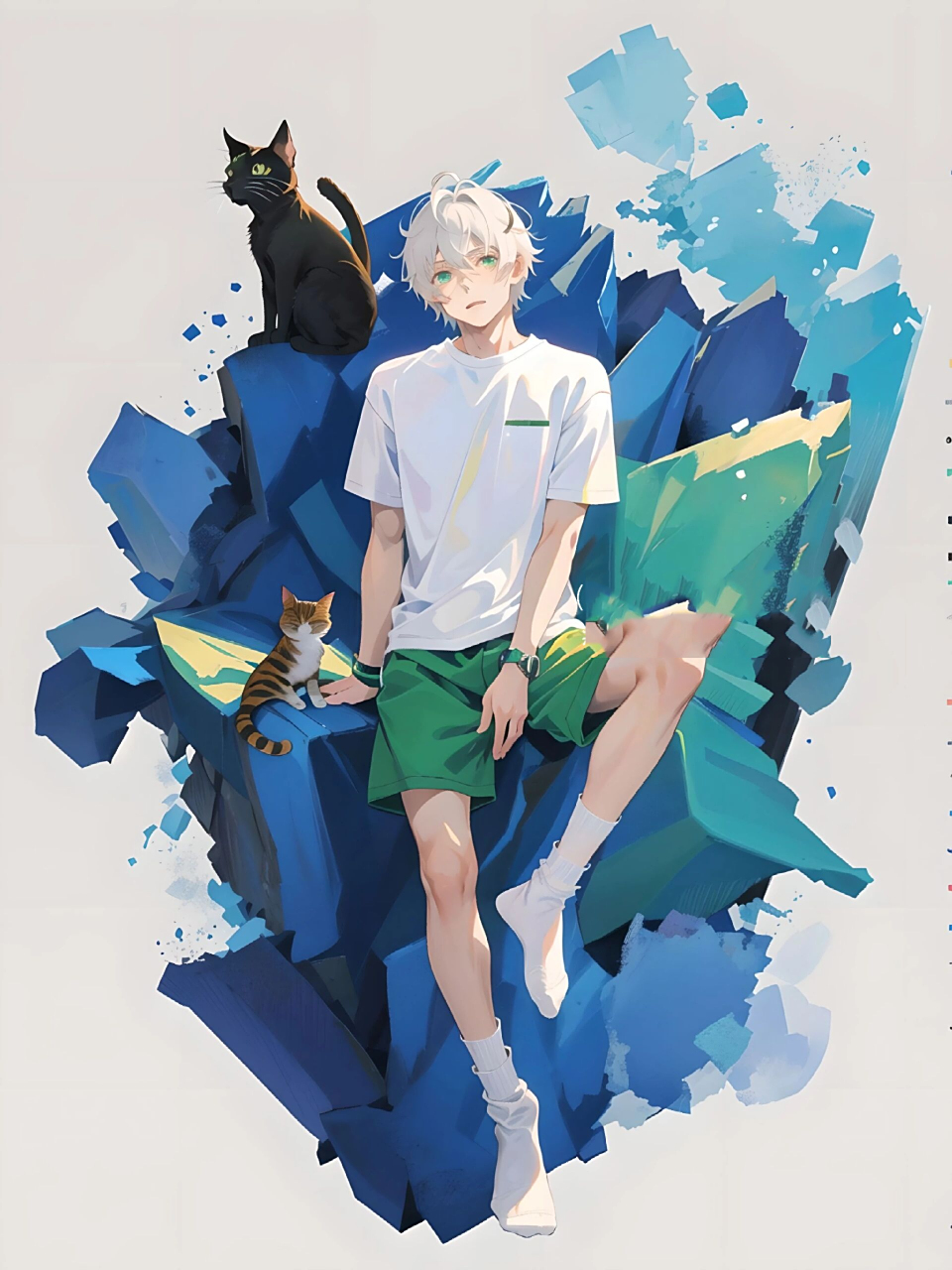 少年与猫与白袜丨绿色系少年                  图片由mewxai生成