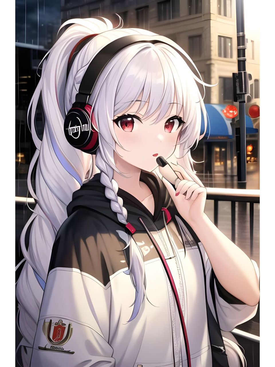 夜晚戴耳机的优雅女孩,动漫二次元绘画人物