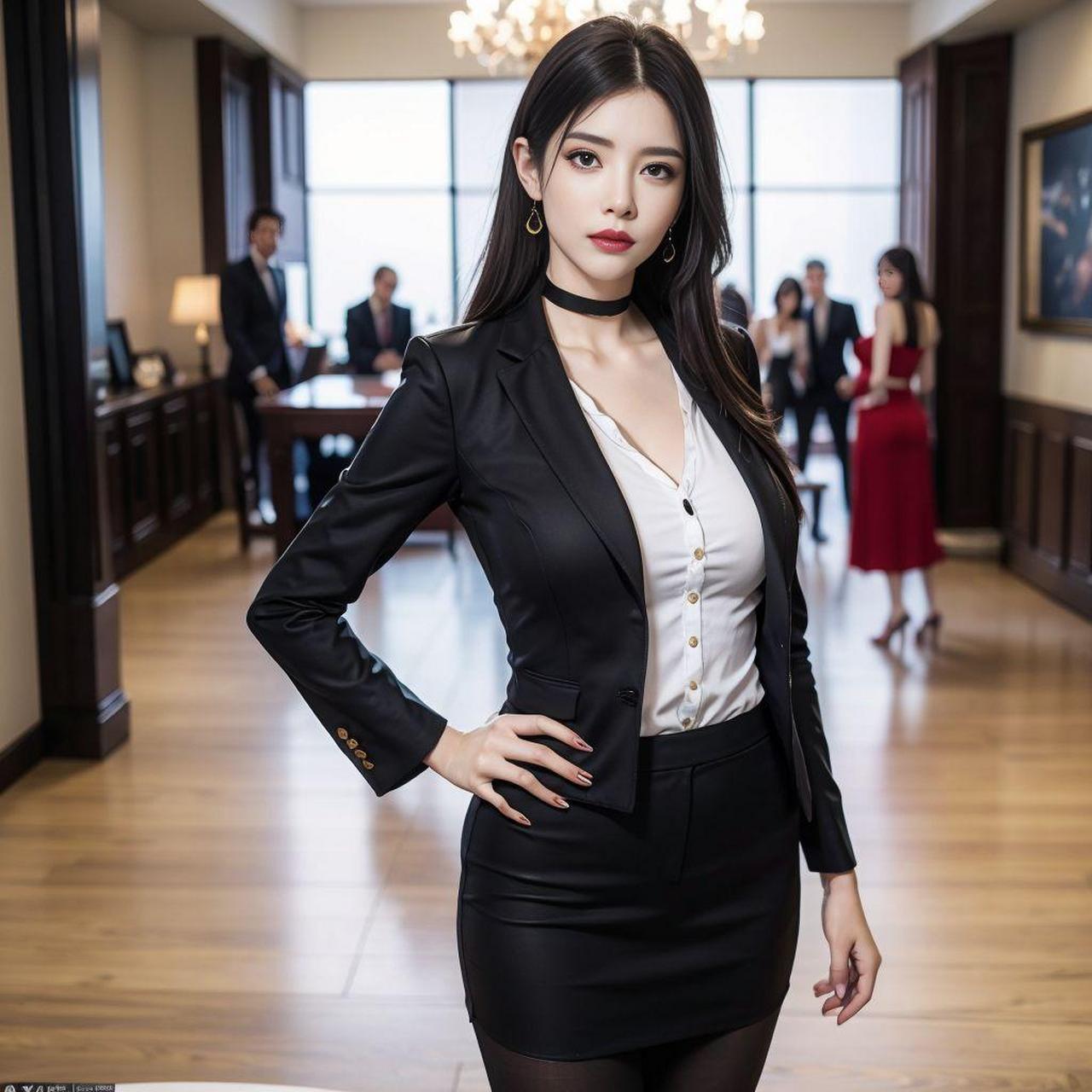 黑色商务套装搭配黑丝袜,女神范十足!