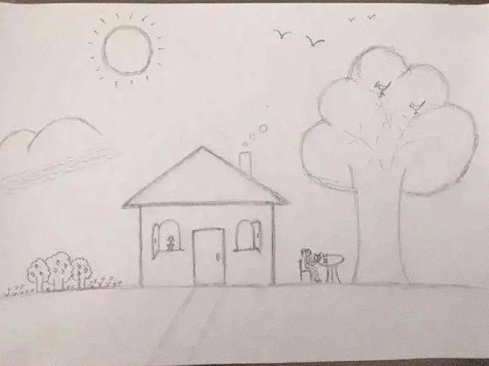 要求: 16615画面中要有房,树,人,人的刻画不可以是火柴人; 266