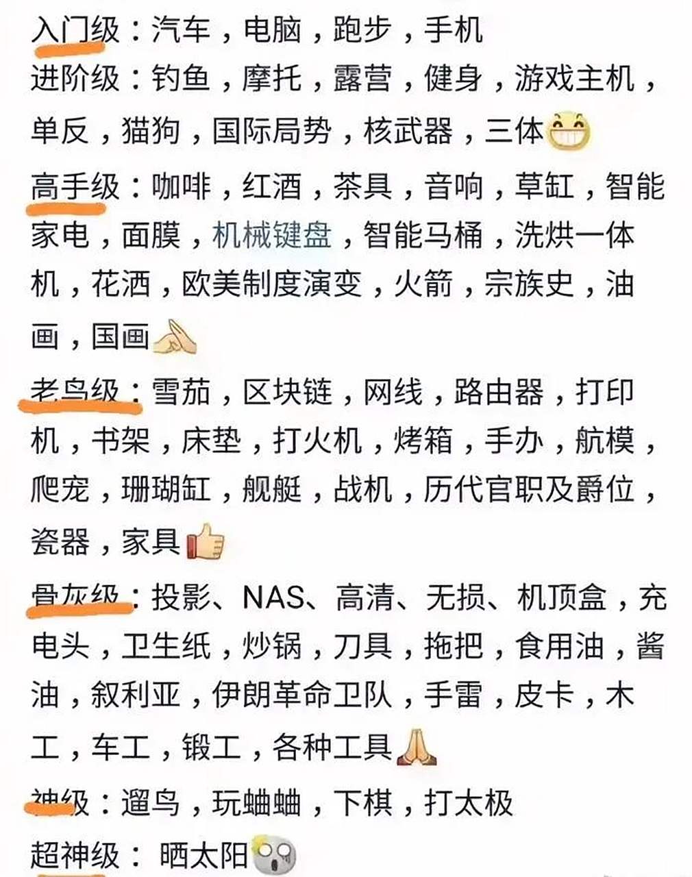 快来对照一下,高手级,老鸟级,骨灰级,神级,终点是超神级.