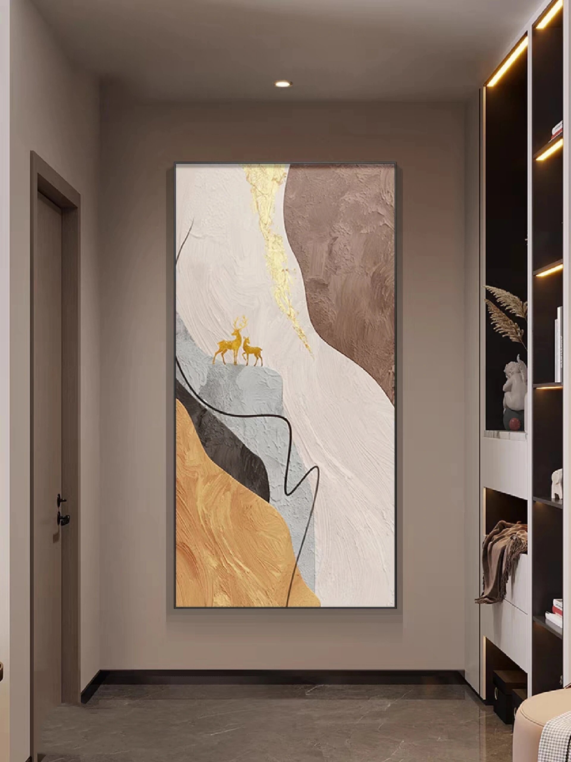 山间福鹿入户玄关装饰画走廊过道挂画现代轻奢高档抽象正对门壁画
