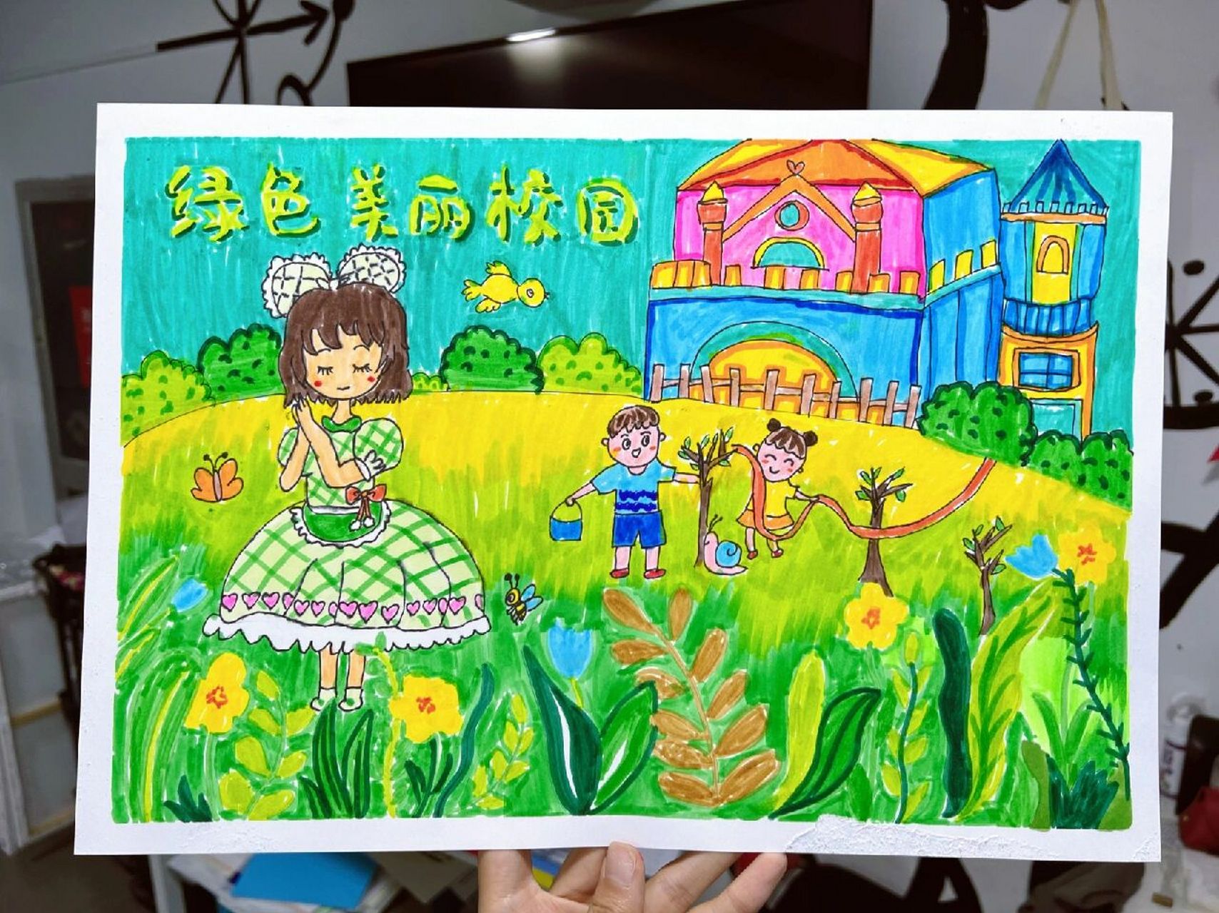 绿色美丽校园主题画 绿色环保 美丽校园 共建绿色美丽校园主题画