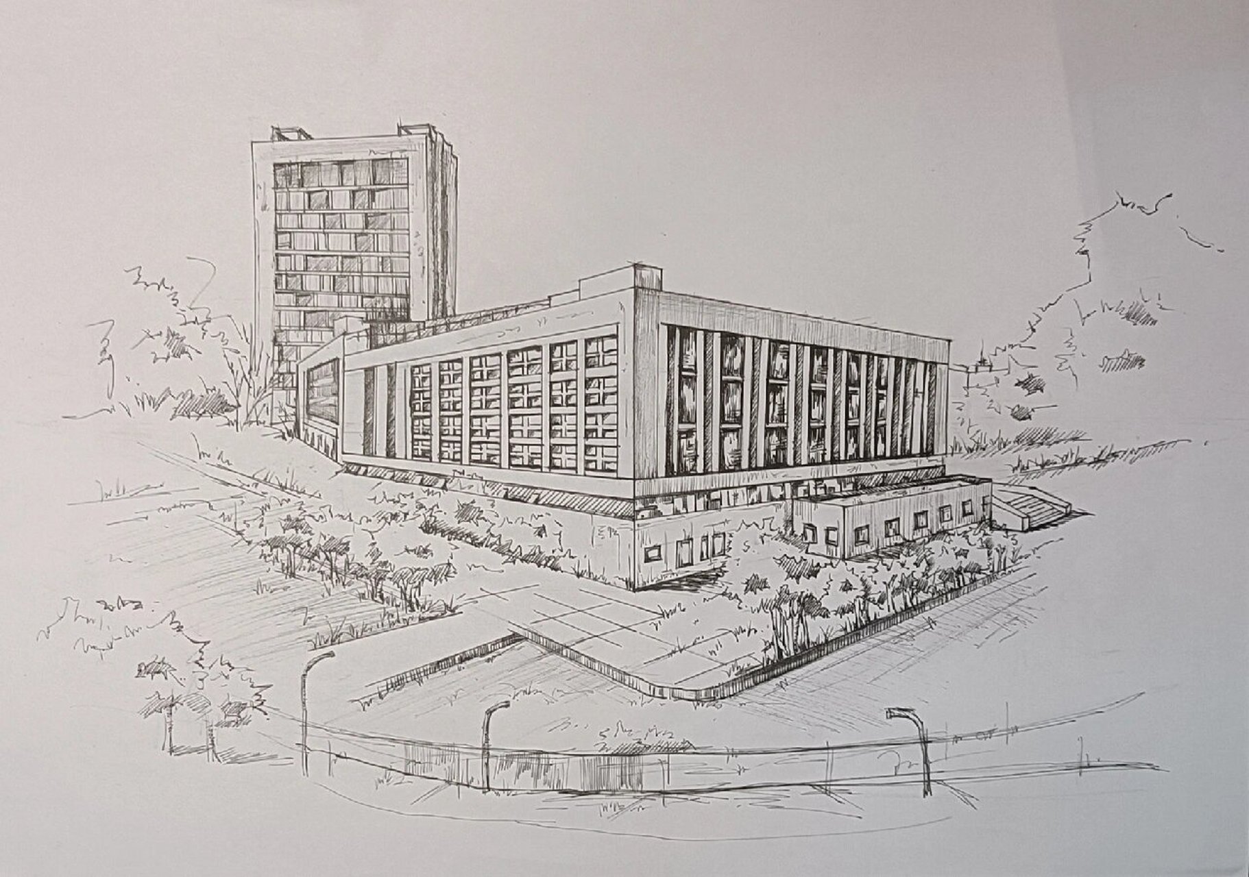 校园风景速写 两点透视