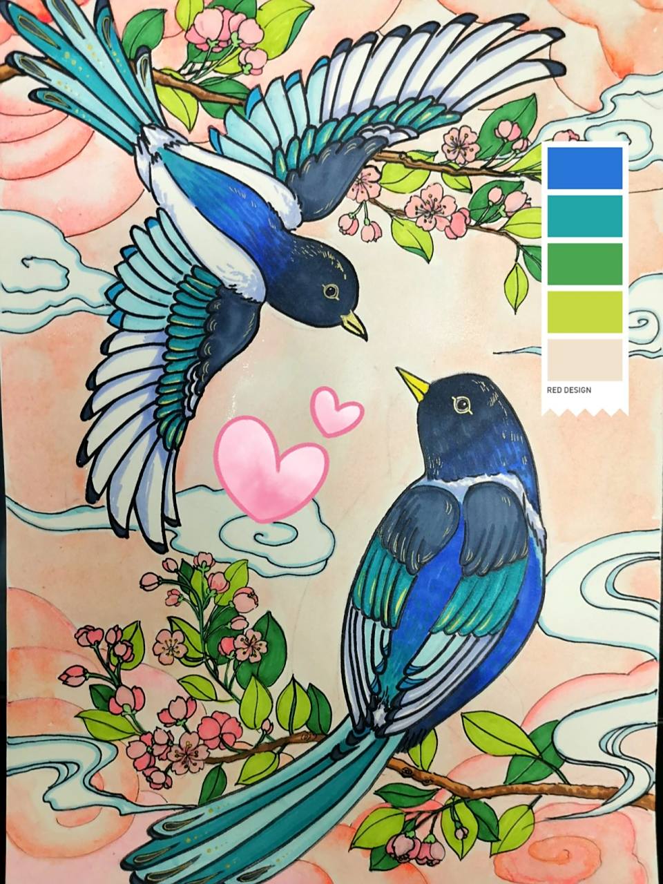 儿童画《喜鹊》7～9岁 91课程名称:《喜鹊》 技法:线描,渐变 色彩