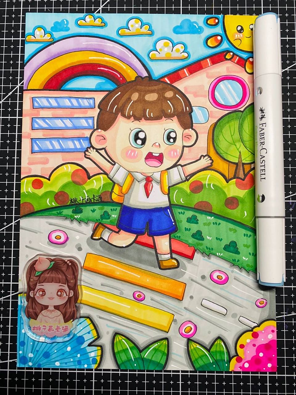 儿童画|《上学啦》|马克笔|带线稿|素材 临摹李小旭  90a5卡纸