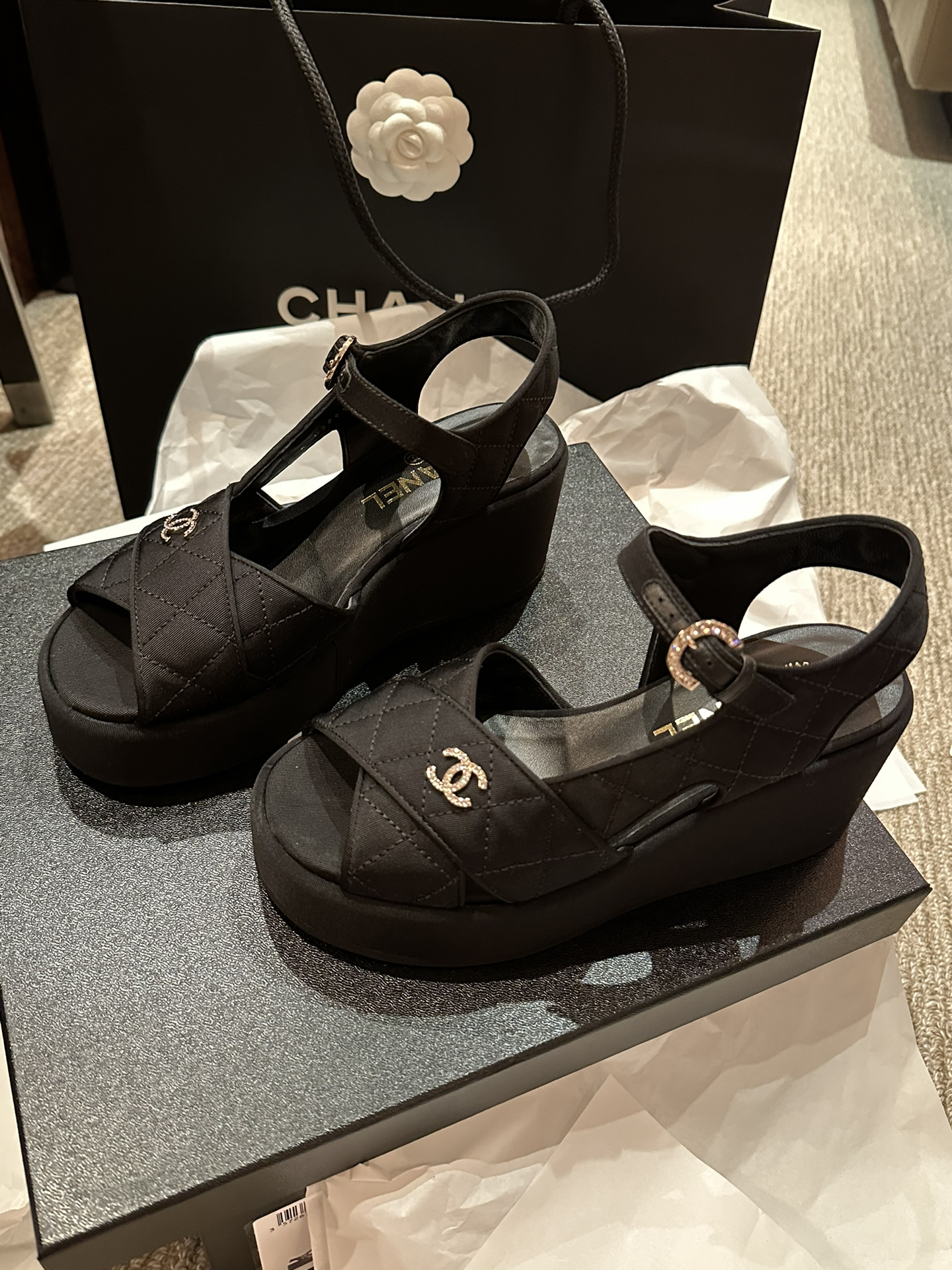 chanel 23p黑色鱼嘴厚底凉鞋 帆布款