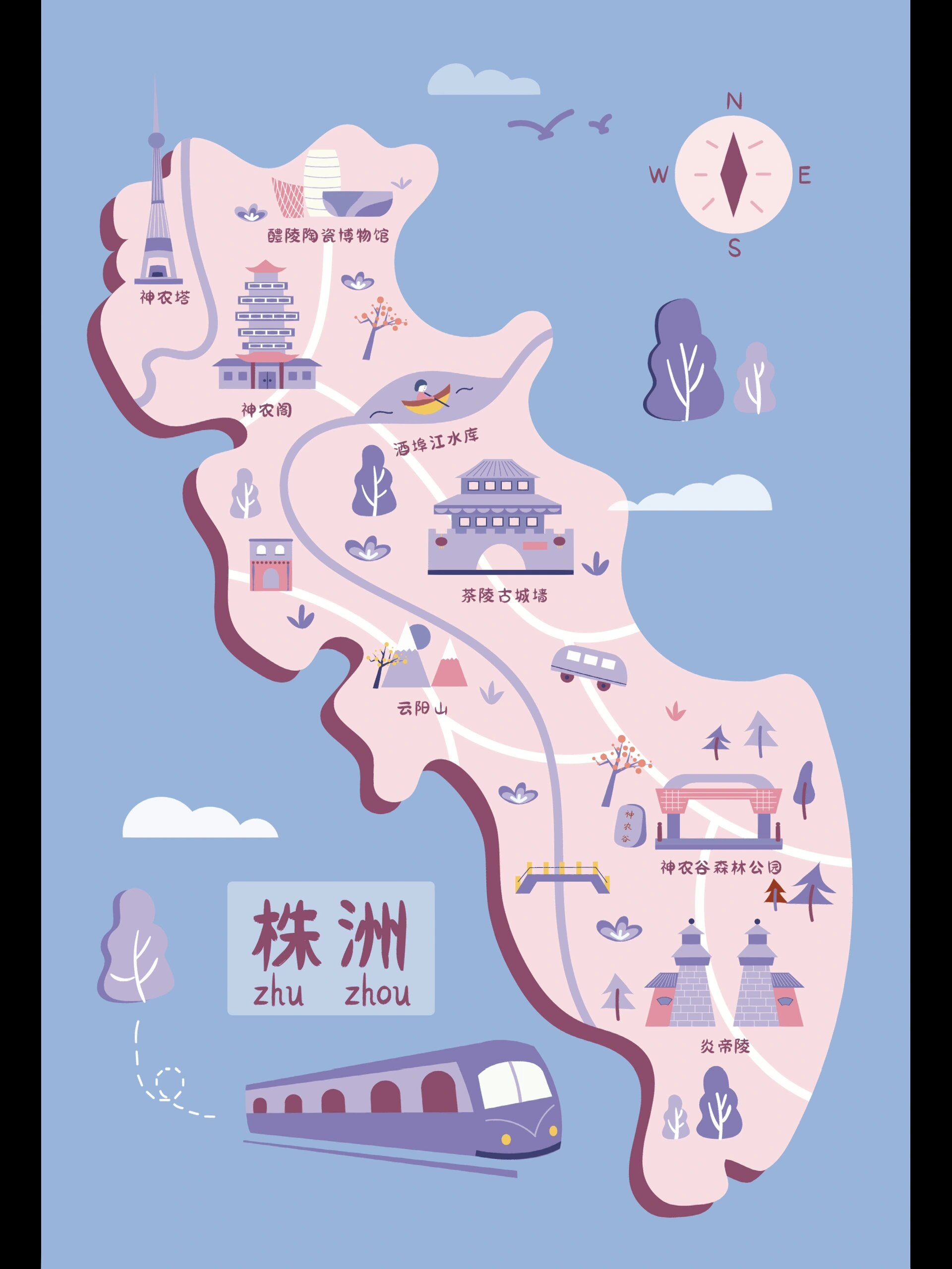株洲地图插画|株洲旅游景点|城市绘图