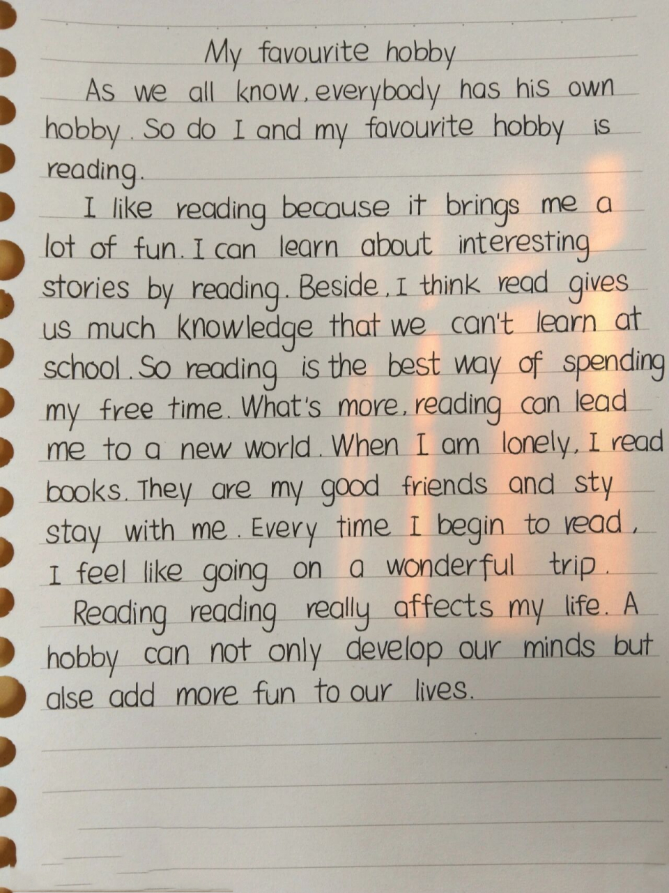 英语作文分享  《my favorite hobby》作文分享 这次的作文有些难度