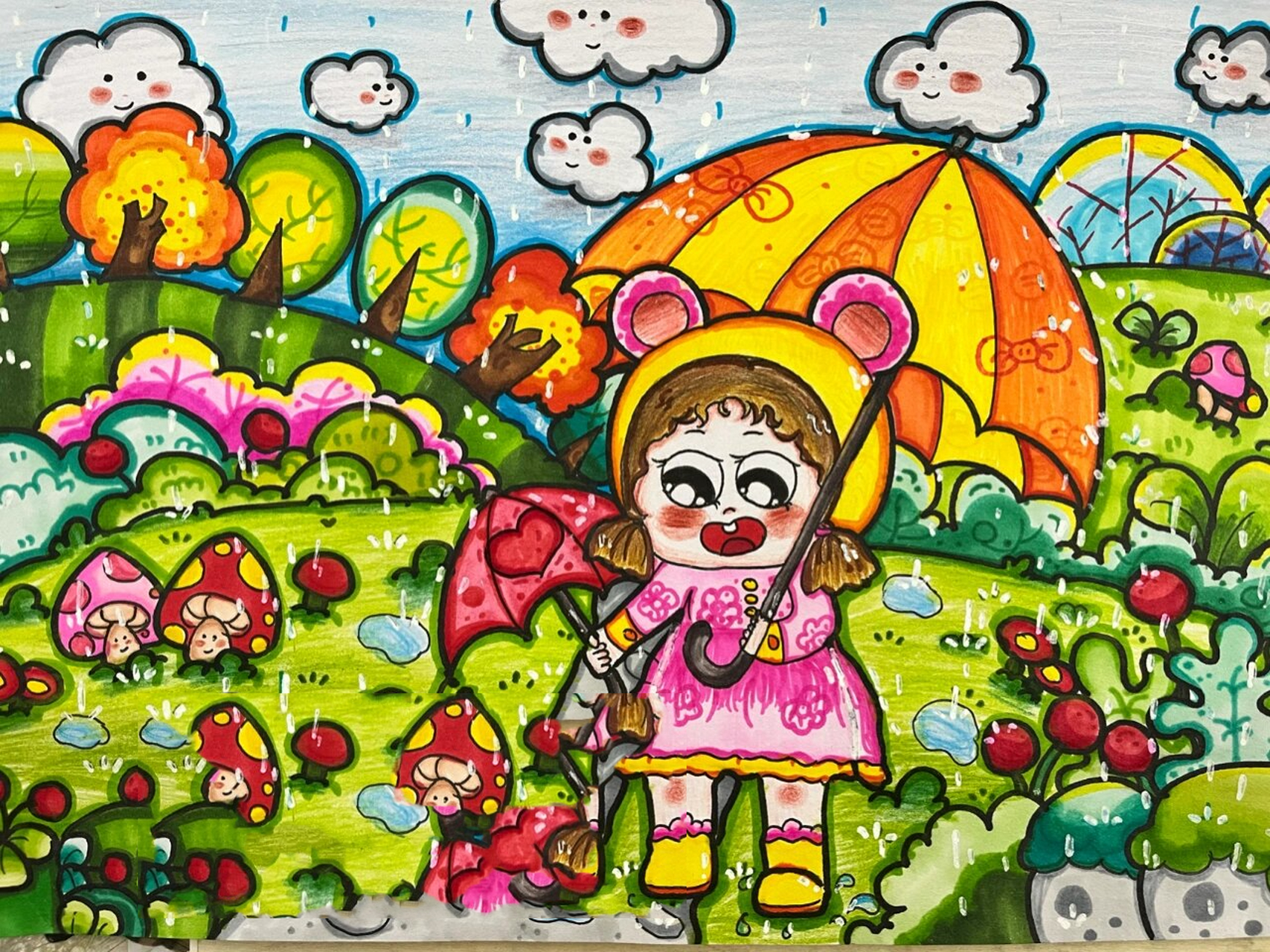 小朋友和小动物可高兴坏了,可以雨中玩耍啦 整理一下学生的创作临摹