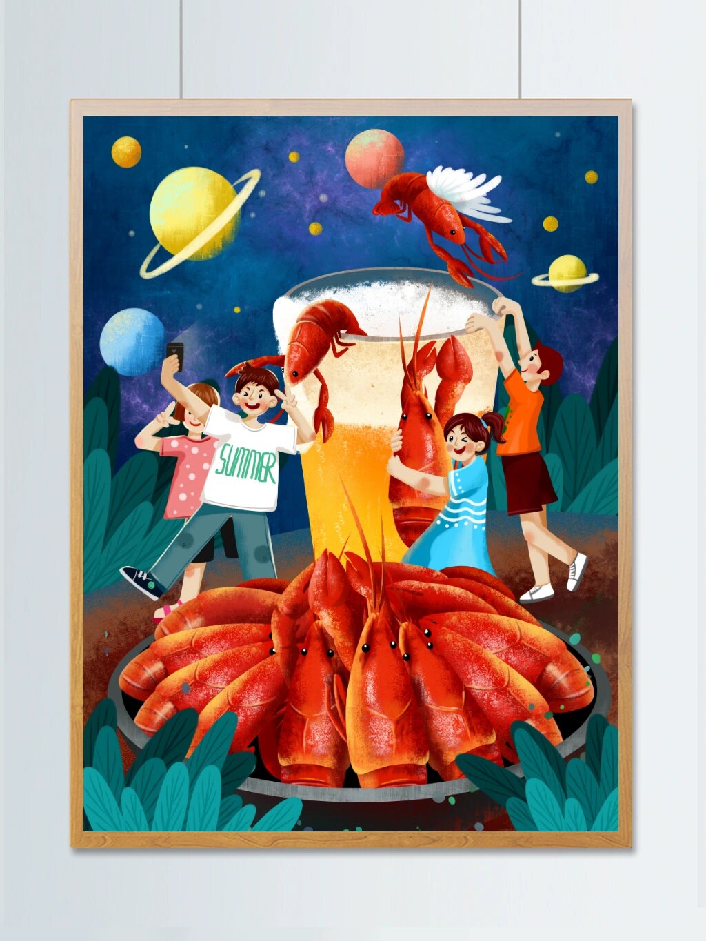 深夜放毒丨麻辣小龙虾插画设计 无辣不欢,啤酒90配小龙虾, 美食可爱