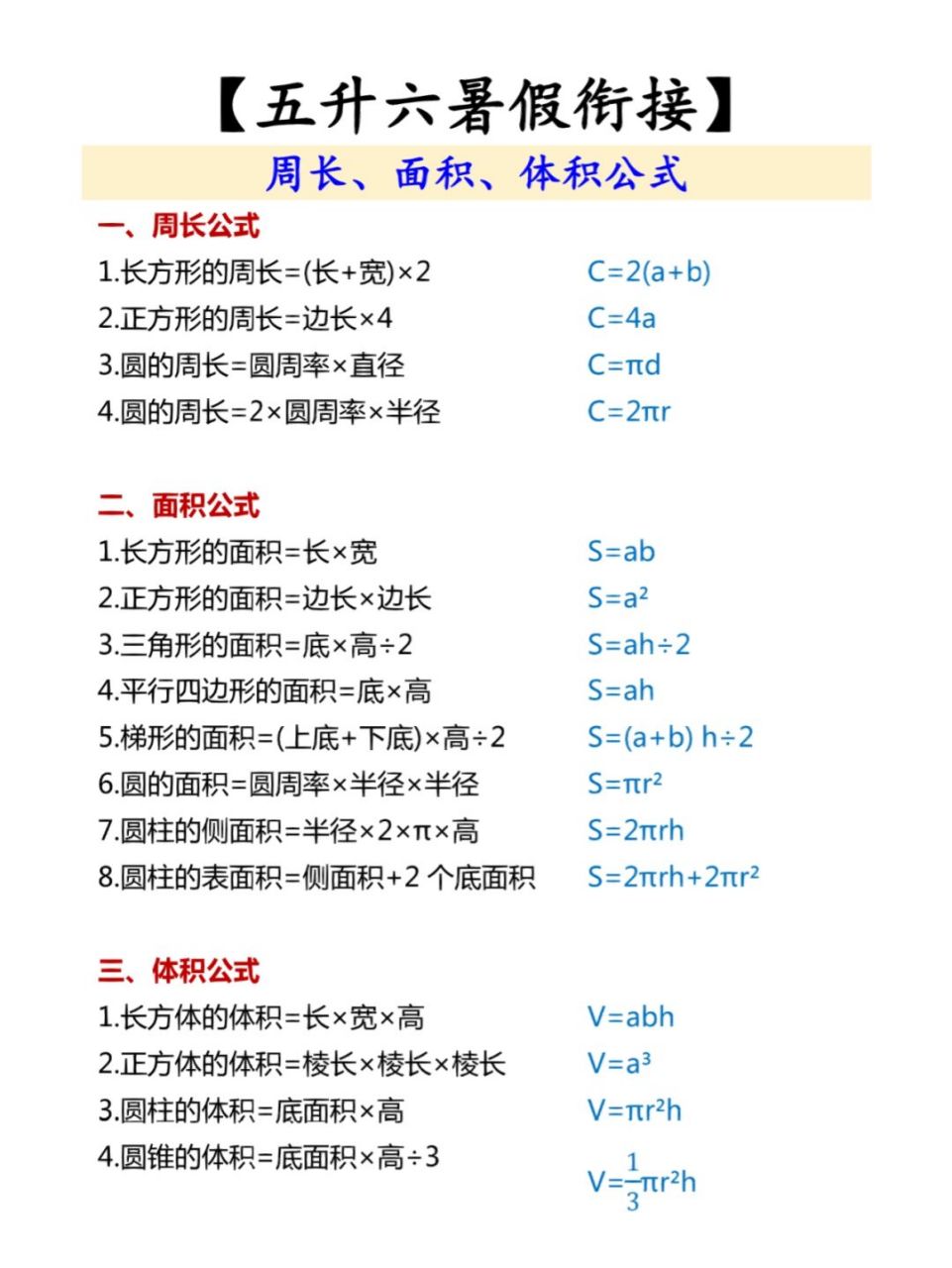 五升六暑假衔接,周长面积体积公式大全 