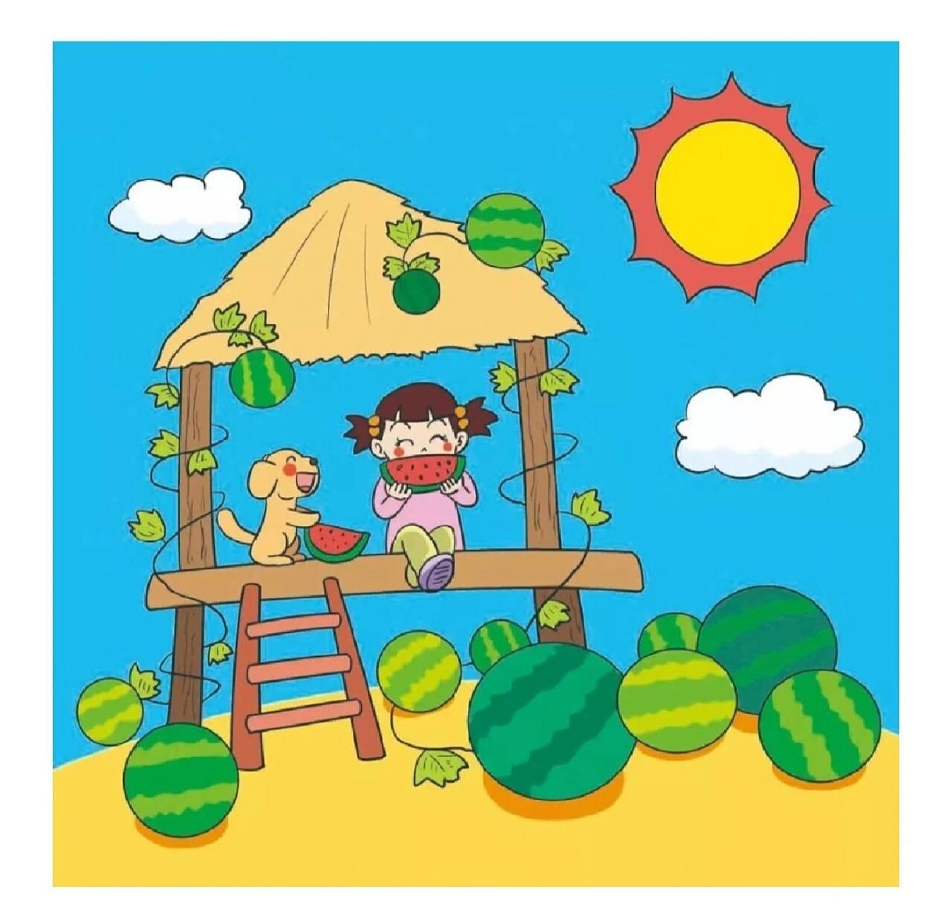 看图写话 夏日瓜田 夏天来了,天空中飘着朵朵白云,地面上没有一点儿风