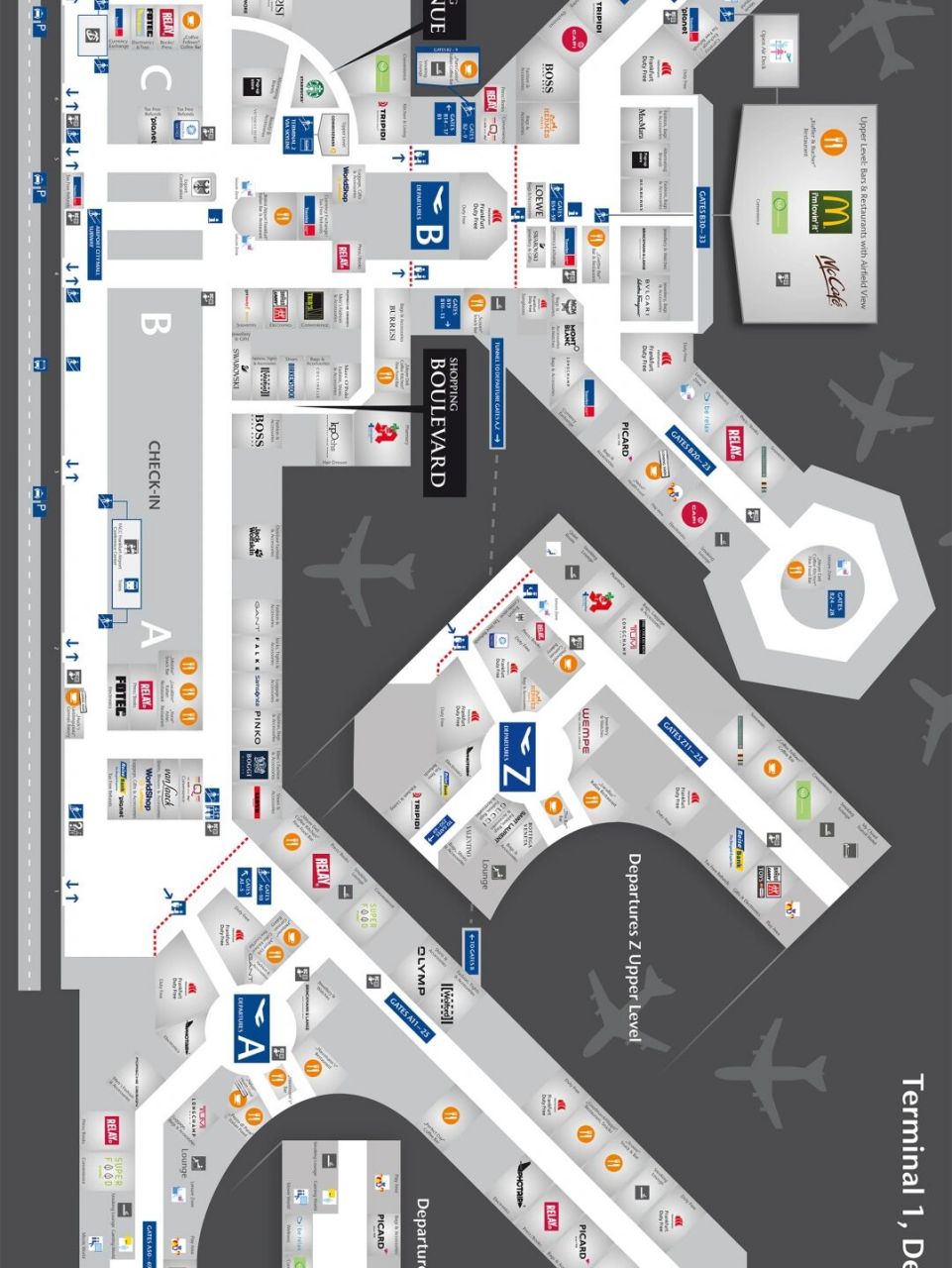 法兰克福机场航站楼平面图 法兰克福机场t1 /t2航站楼平面图,t1/t2可