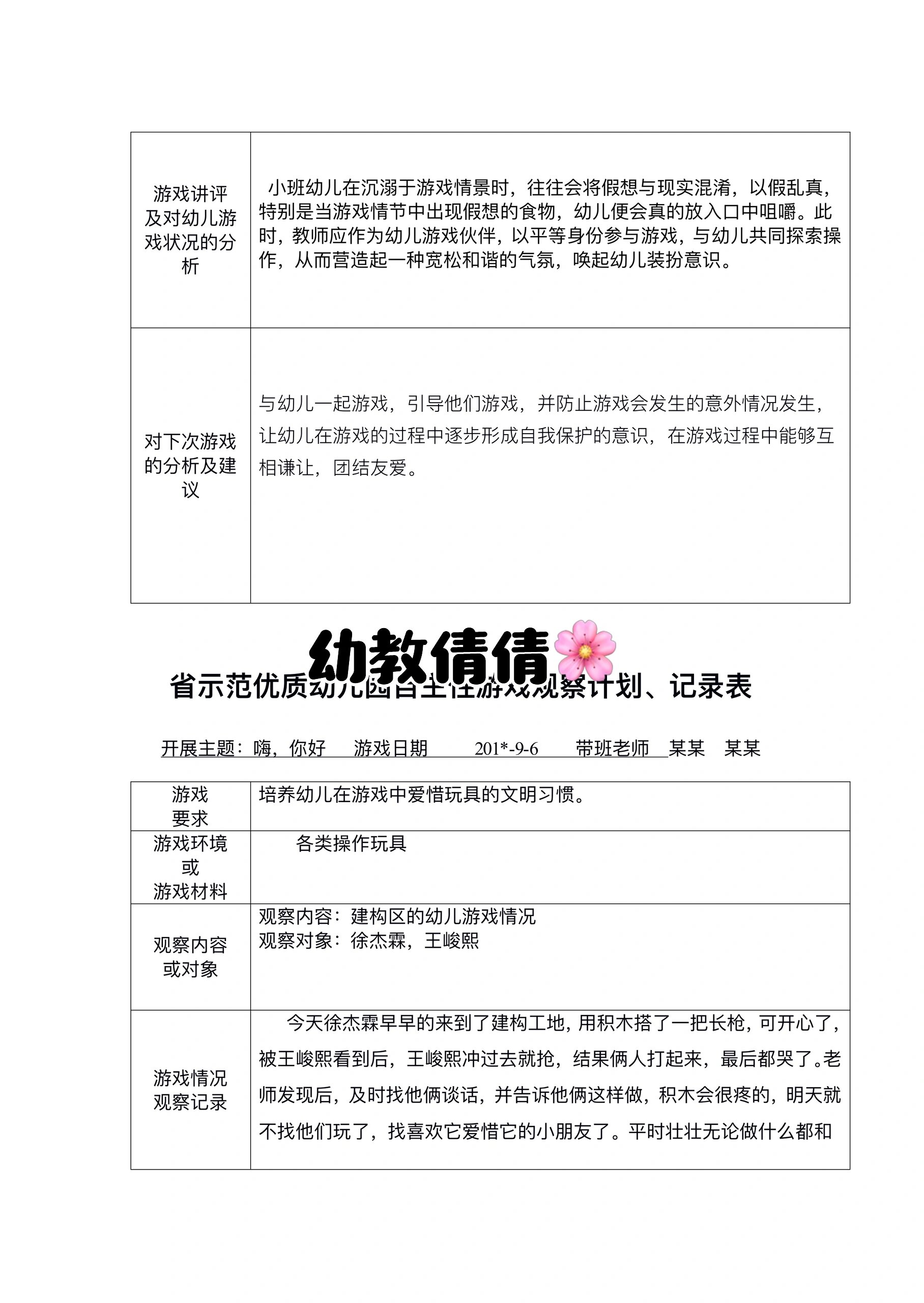 小班游戏观察记录与分析表(小班游戏观察记录与分析表格)