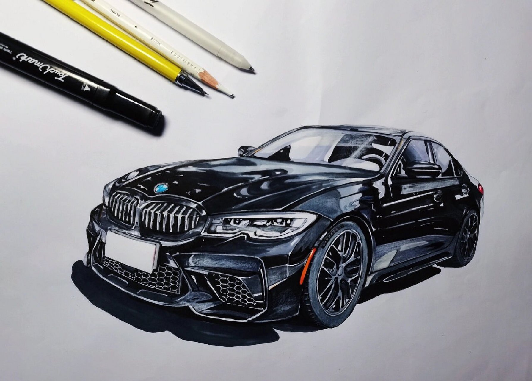 马克笔初学者汽车手绘|宝马bmw 3 真的不会画系列第四张马克笔手绘