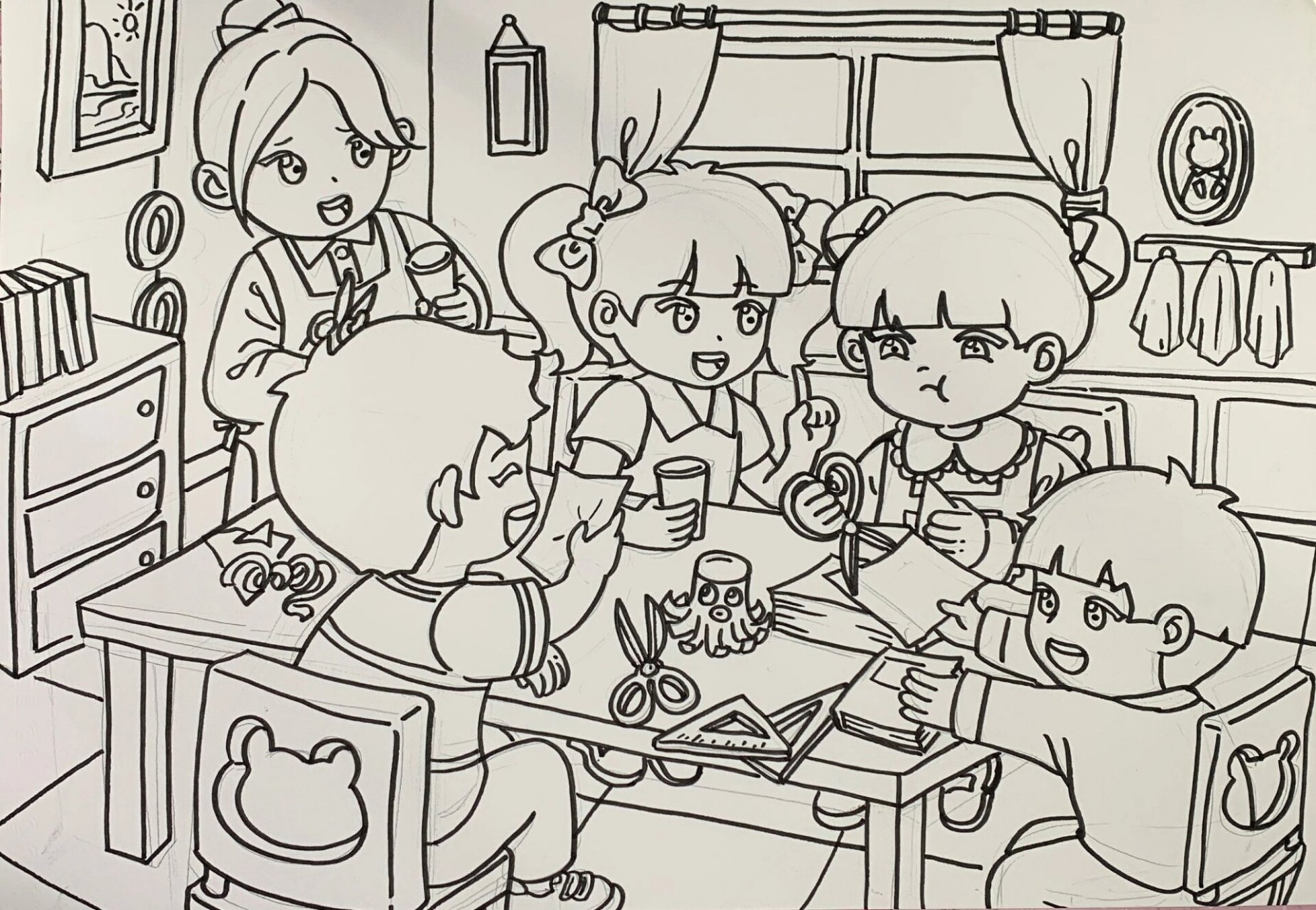 幼儿情景画创编《在教室做手工的孩子们》