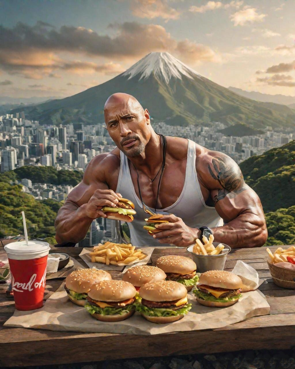 据说,巨石强森每天要吃5-7顿饭,总量大约为14磅(12.