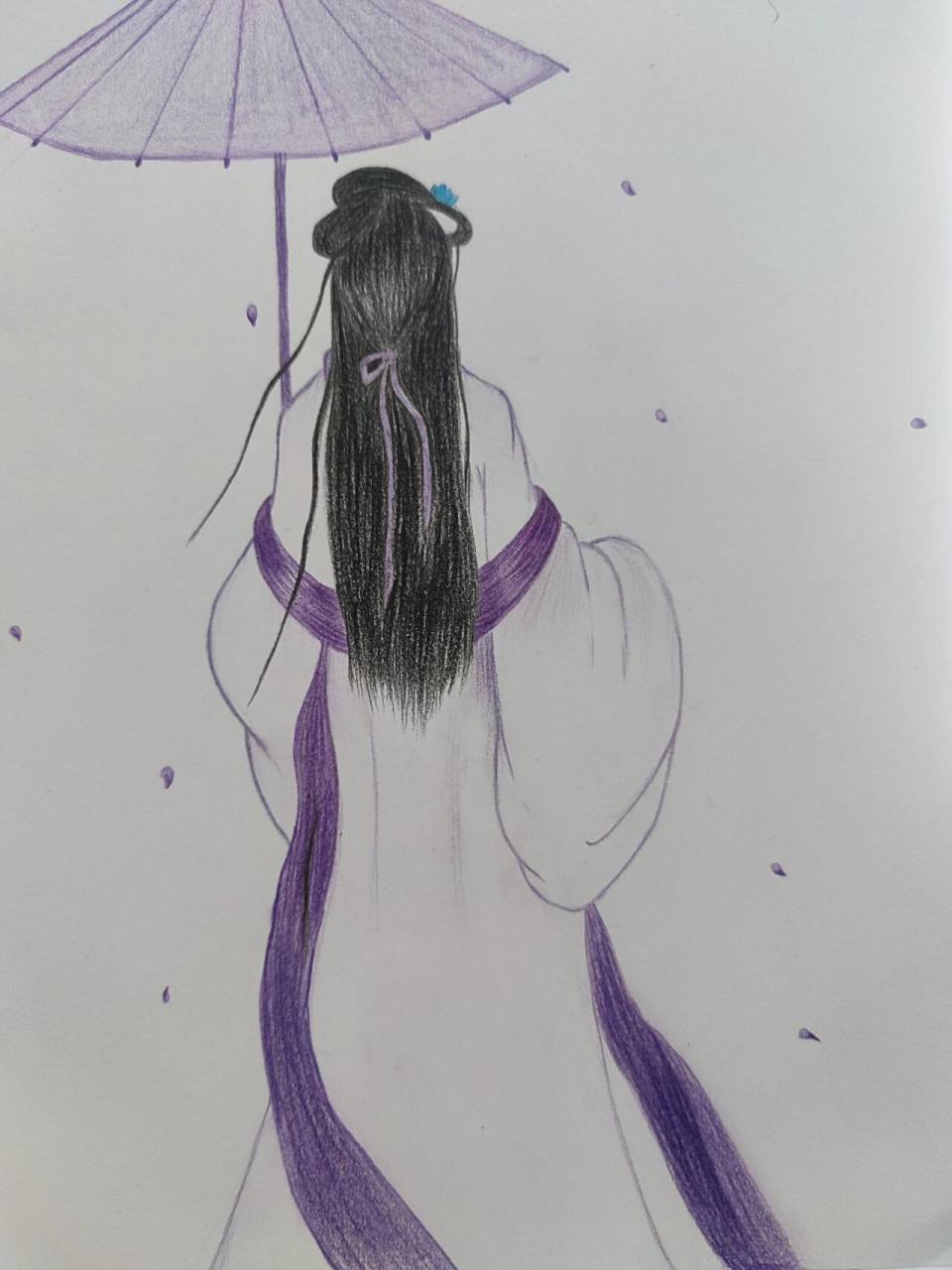 自学彩铅画/1  古风美人背影1 临摹了 一副两米八的紫妹妹.