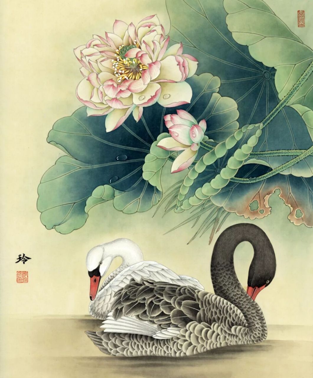 工笔画步骤分享《清荷丽影》 1,前面荷叶用中墨勾,后面荷叶勾淡一点.