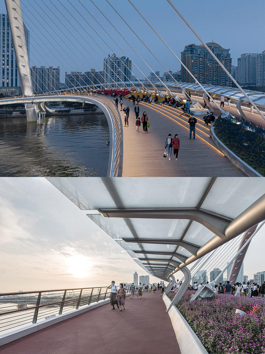 是广州第一条跨珠江人行景观桥,位于cbd核心区,北接二沙岛艺术公园,南