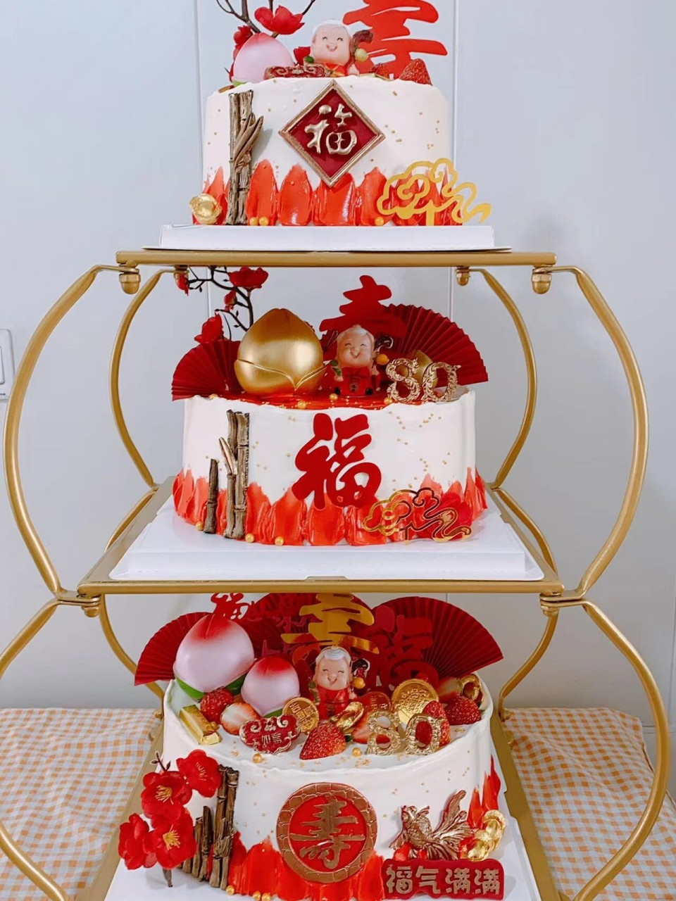 三层架子蛋糕‖老人蛋糕‖喜庆蛋糕 #架子蛋糕 #三层蛋糕 #红色蛋糕