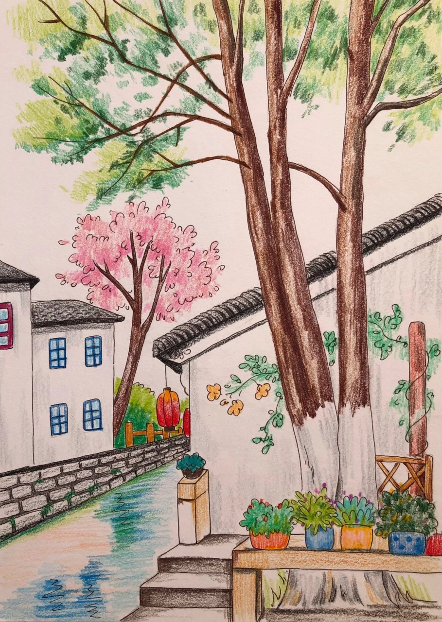 简单彩铅风景画教程《流水人家》 早上好 相对于彩铅静物来说,彩铅