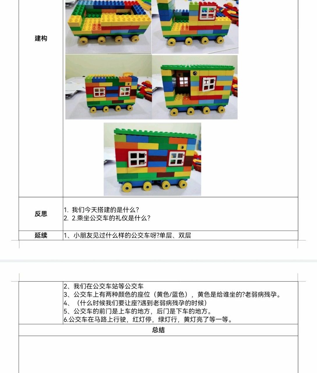 乐高教案 公交车(巴士)大颗粒 课堂总结: 1.主要是复习互锁结构 2.