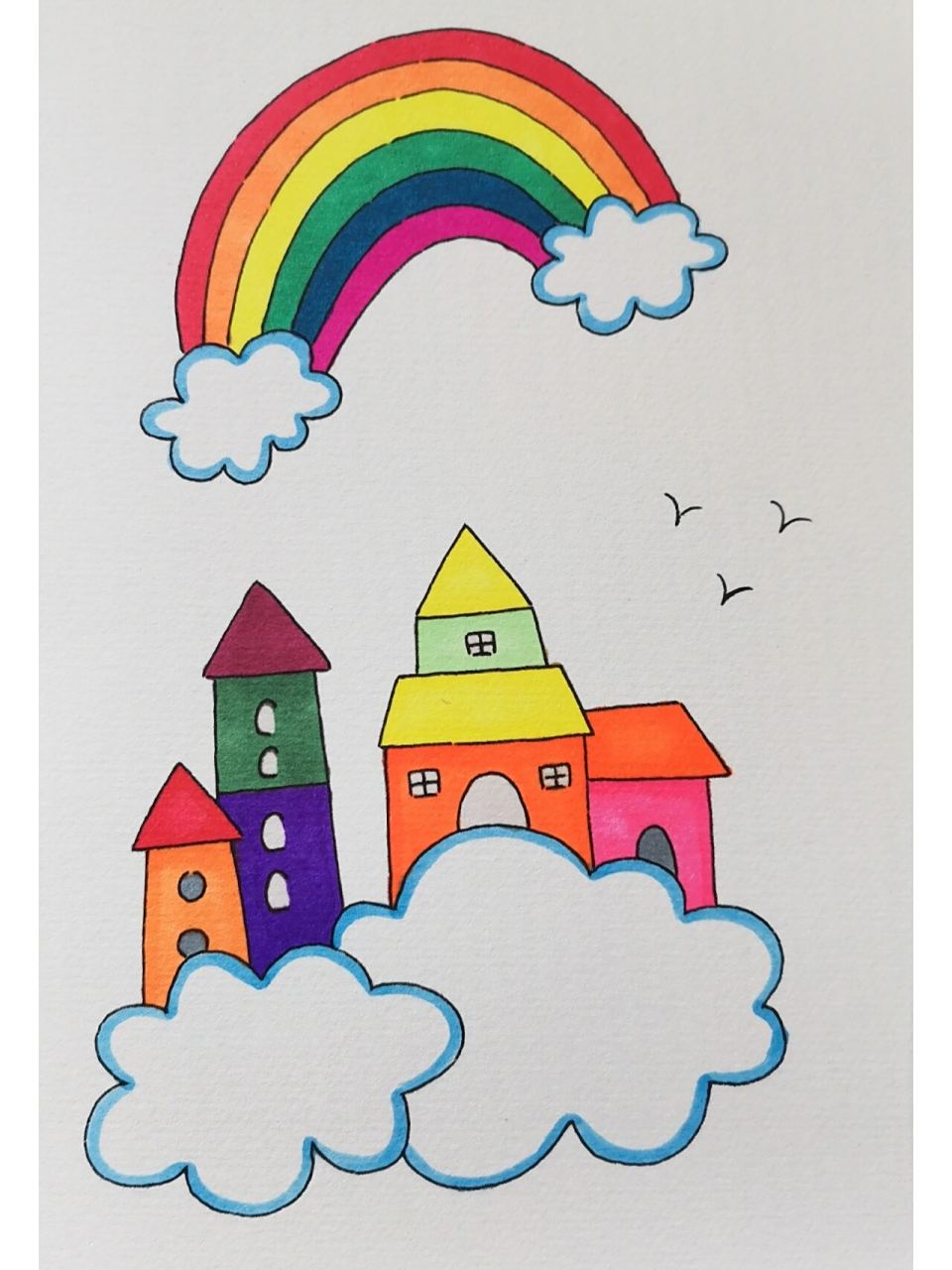 育儿简笔画 幼儿园小朋友创意画 空中房子 云朵上的小房子群,小朋友们