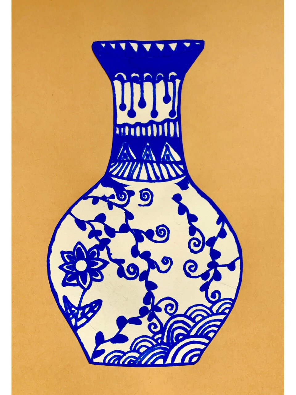 青花瓷创意儿童画花瓶,小学生作品  小学三年级,四年级的绘画作品