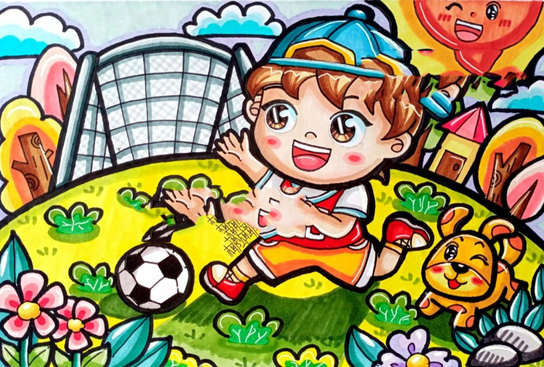 原创手绘儿童画〕踢足球94 疫情原因 本人在外地 更新早期儿童  