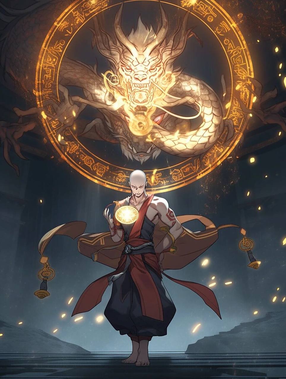 佛道-降龙罗汉 十八罗汉里的降龙尊者 咒语:a bald chinese monk with