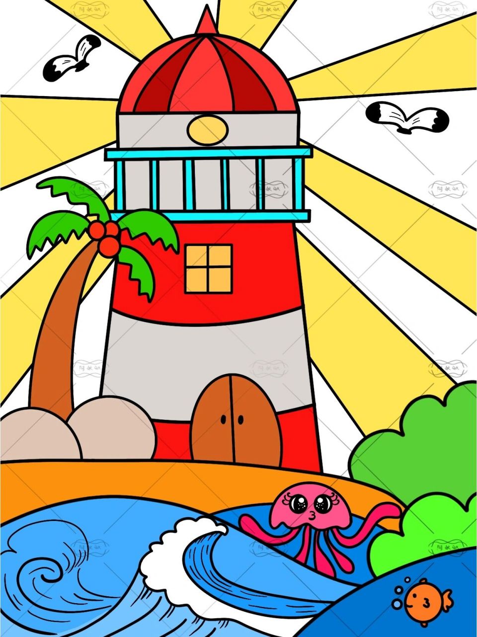 马克笔儿童画|少儿美术【内附线稿】灯塔画 今天一起来画海岛上的灯塔