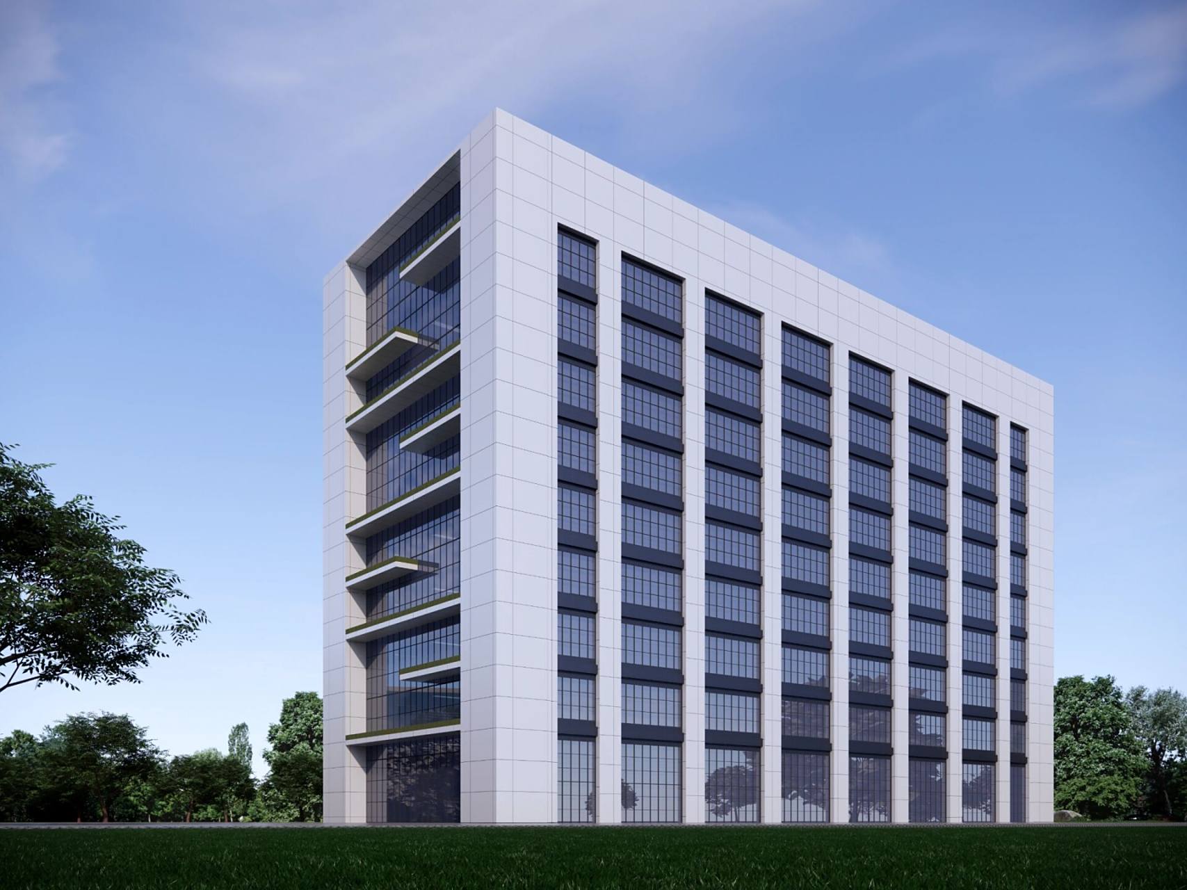 现代高层玻璃幕墙铝板写字楼外墙效果图设计 写字楼外观效果图设计