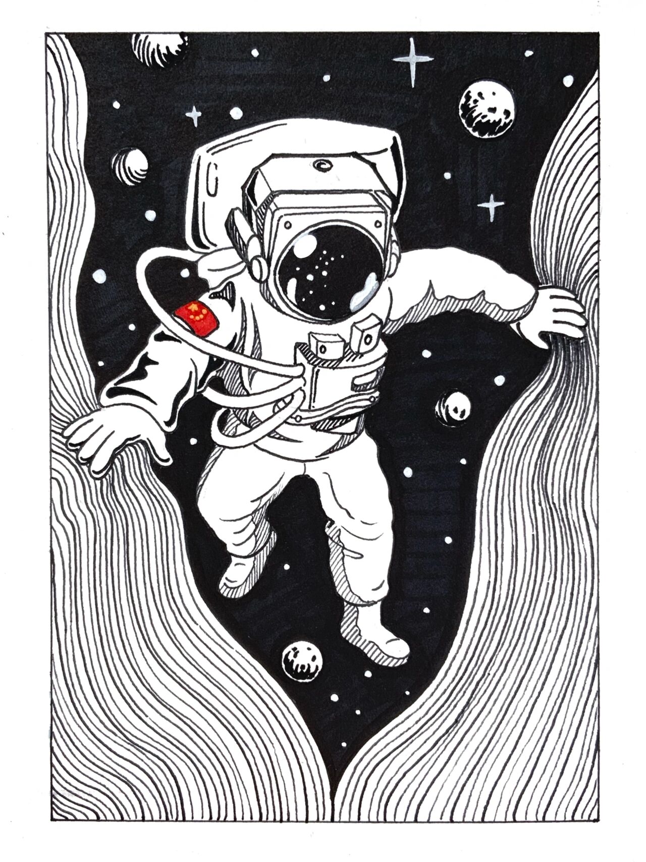 黑白装饰画|宇航员的太空漫步