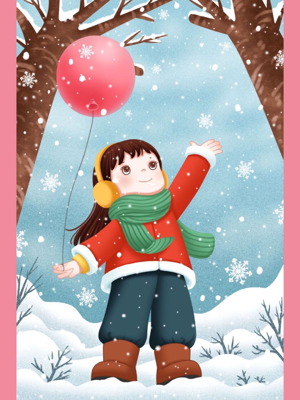 二十四节气小雪插画|冬雪中快乐的小女孩 玩雪是小时候最喜欢的事情之