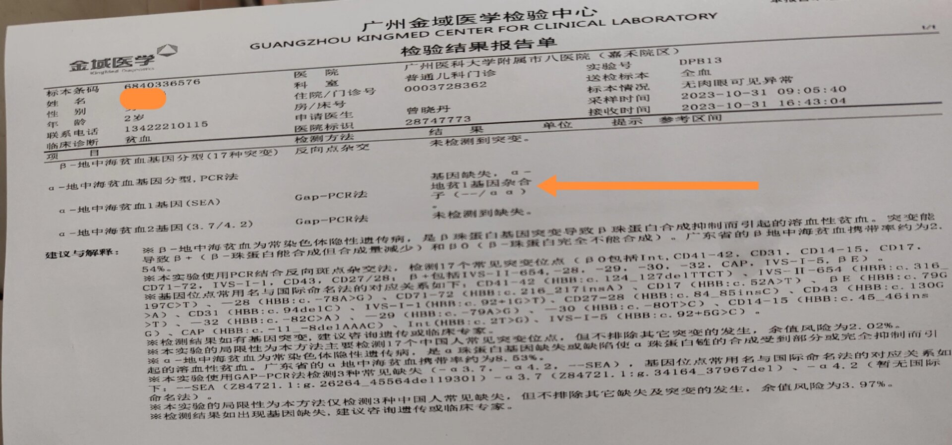 a-地中海贫血sea缺失 宝宝从8个月至两周岁的血常规或体检血红蛋白都