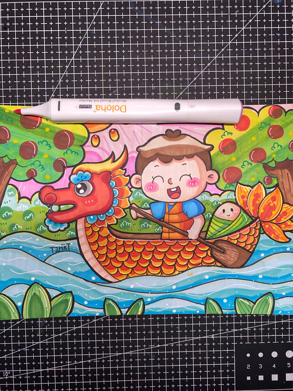 儿童画|《端午节划龙舟》|马克笔过程 临摹汤圆老师的画  a5荷兰白卡