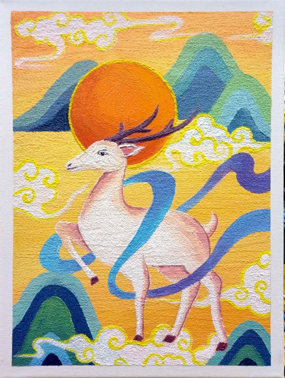 创意绘画——九色鹿 绘画主题:石英砂肌理画《九色鹿》 适合年龄:10