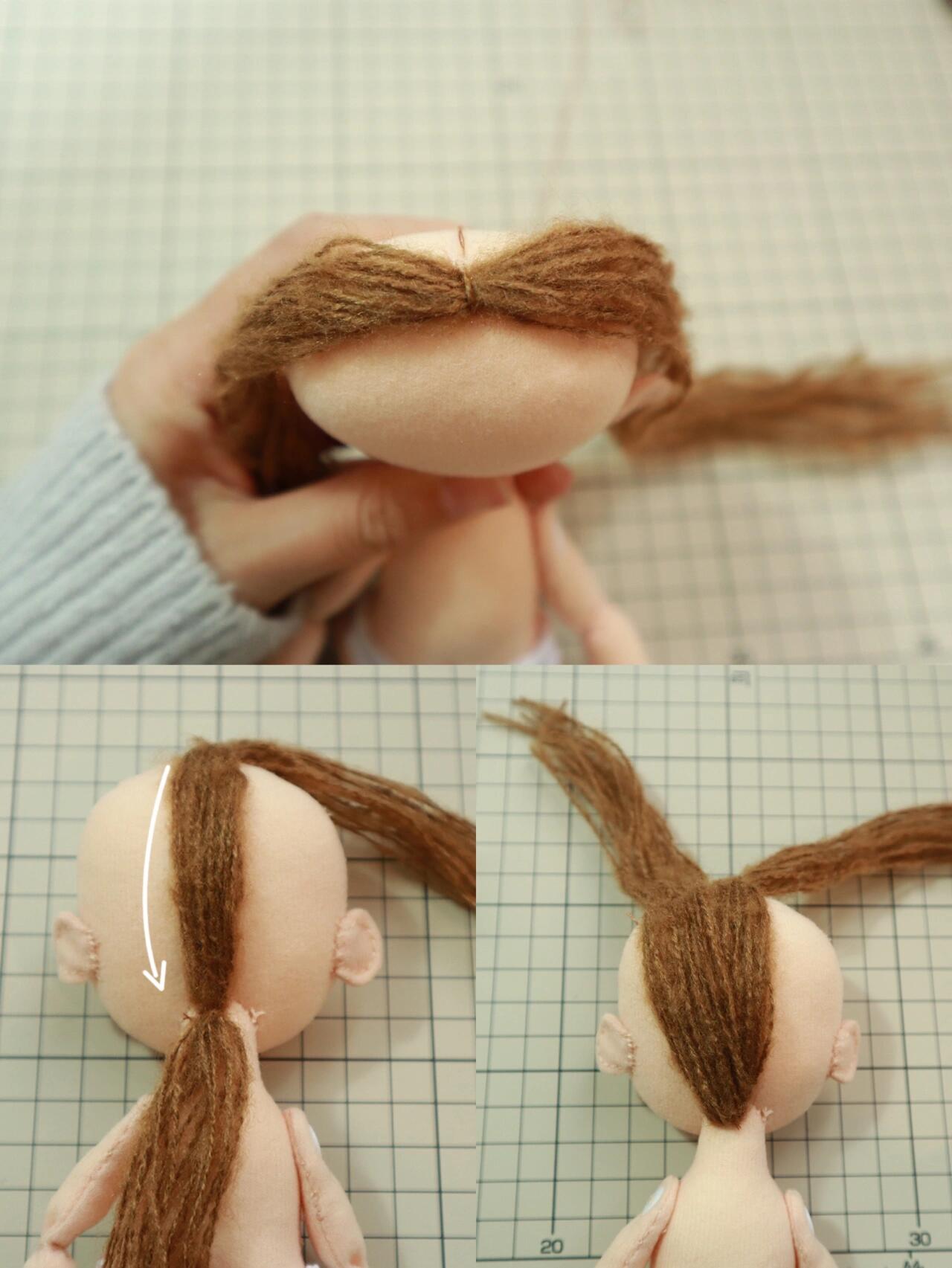 这里给大家分享一个毛线双辫子头发的做法 材料:马海毛毛线若干 娃娃