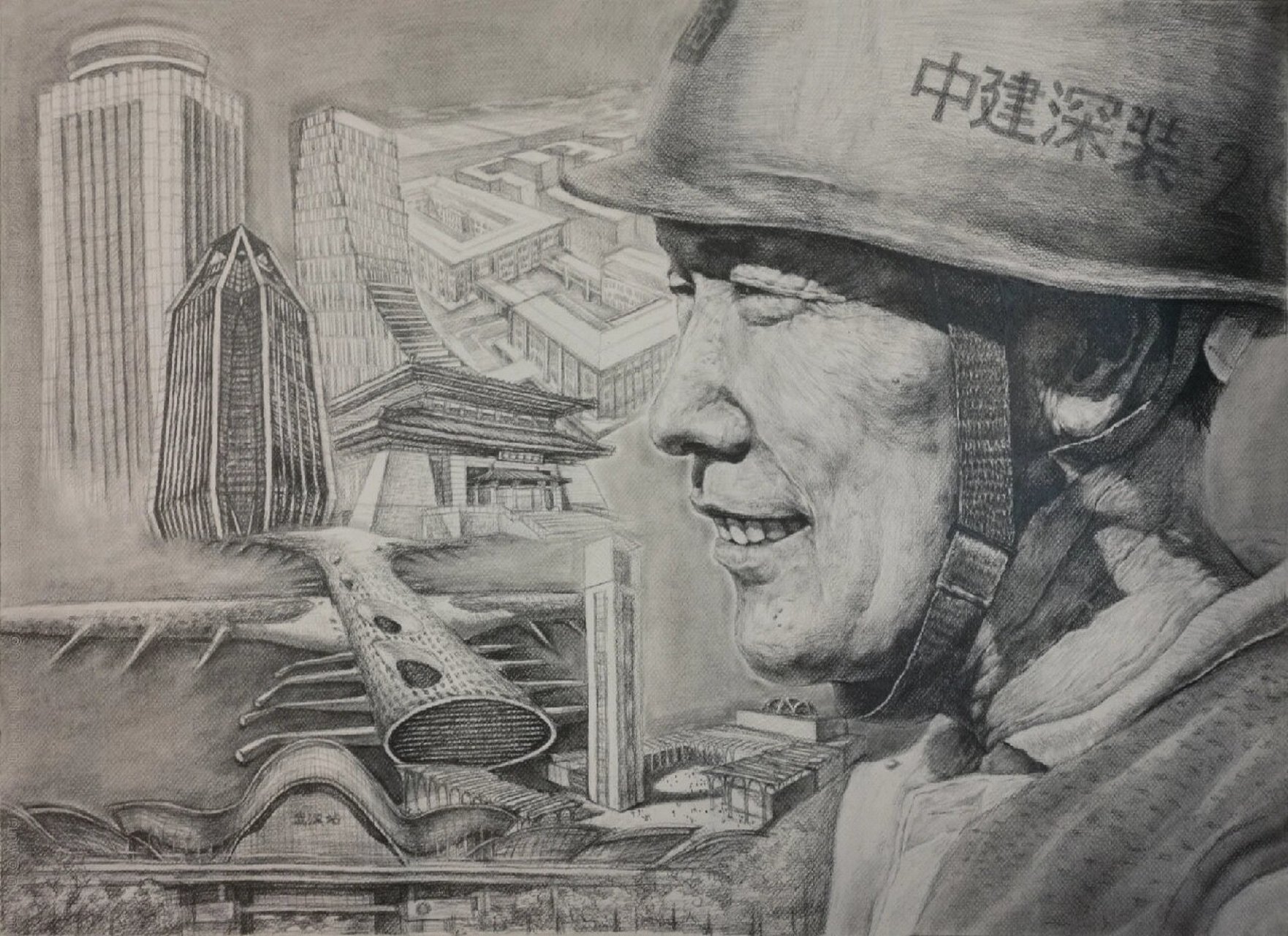 公司35周年比赛作品 20年绘制的素描工人头像 重点刻画脸部皱纹体现