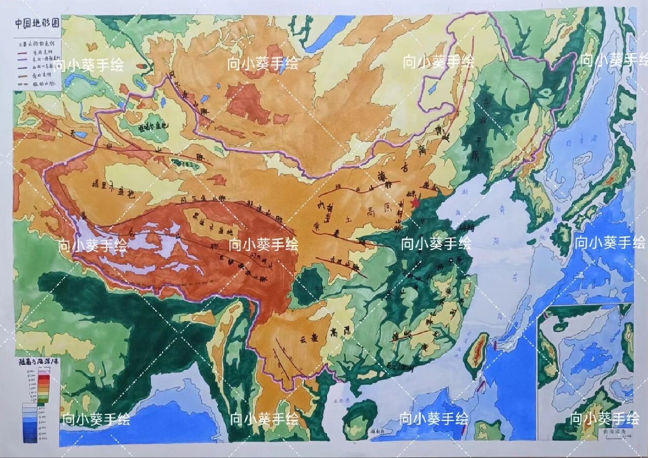 中国地形图手绘高中生图片