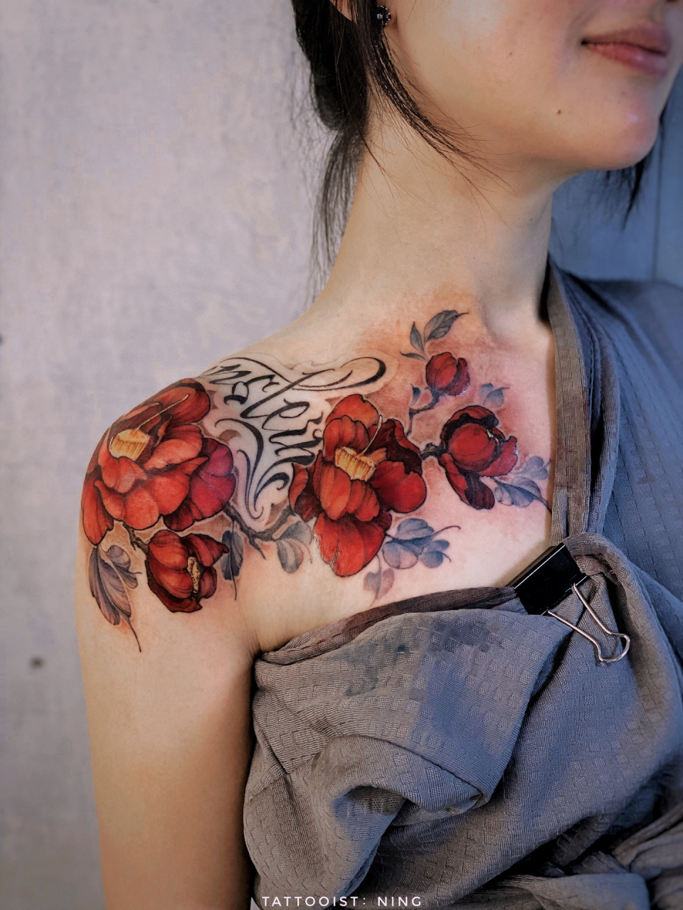 杭州纹身|花肩胎记遮盖·红山茶花体字 完结撒花95 freehand无手稿